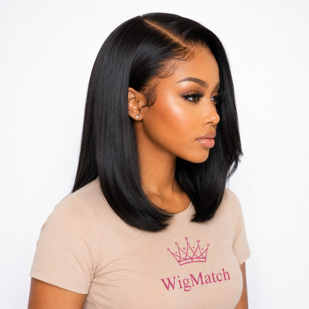 Right side view of natural black straight bob human hair wig with realistic lace front and natural shine, European Union online store.