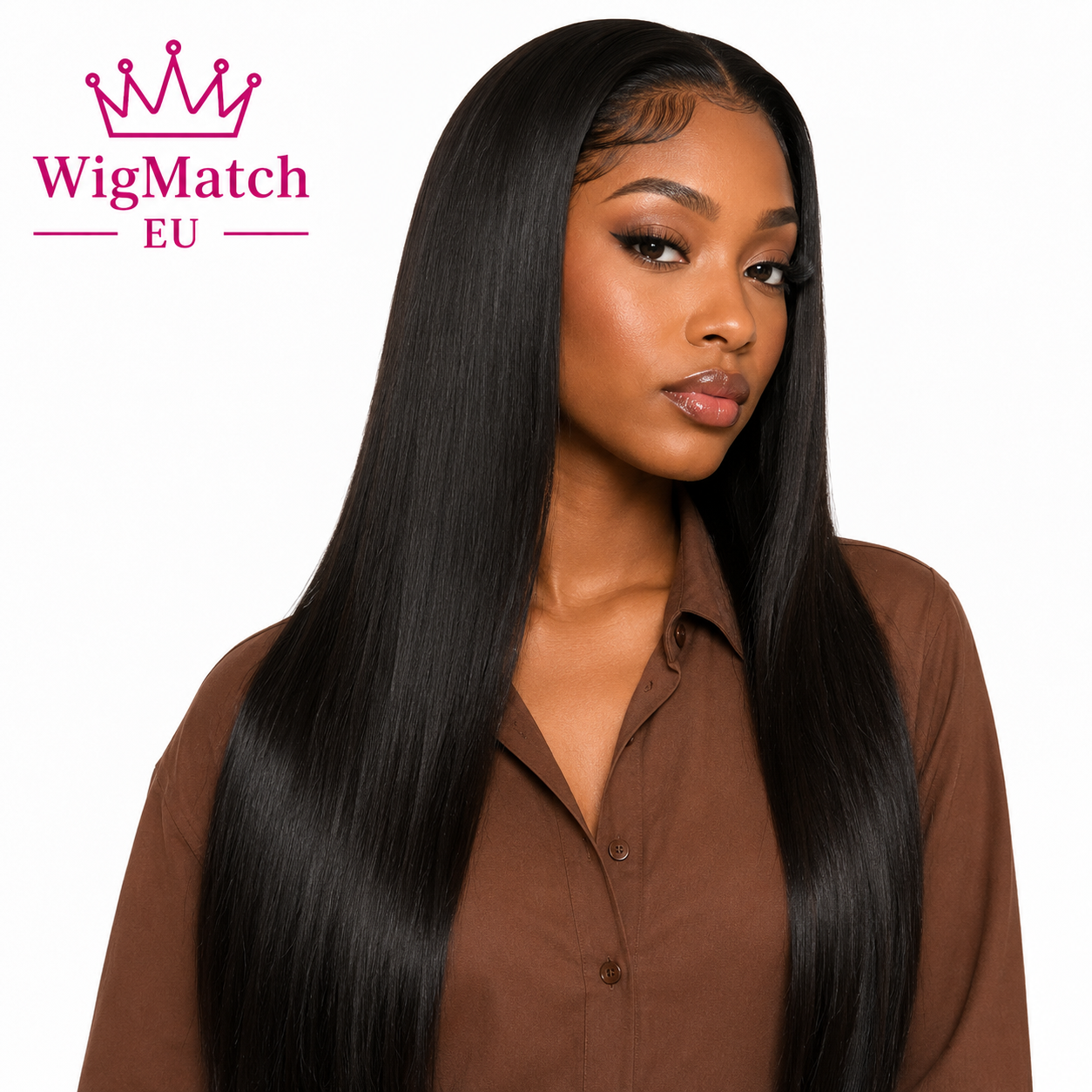 Woman wearing WigMatch EU Natural Black Long Straight Lace Front Human Hair Wig with silky straight hair, middle part, and laid baby hairs, facing slightly toward the camera against a white background.