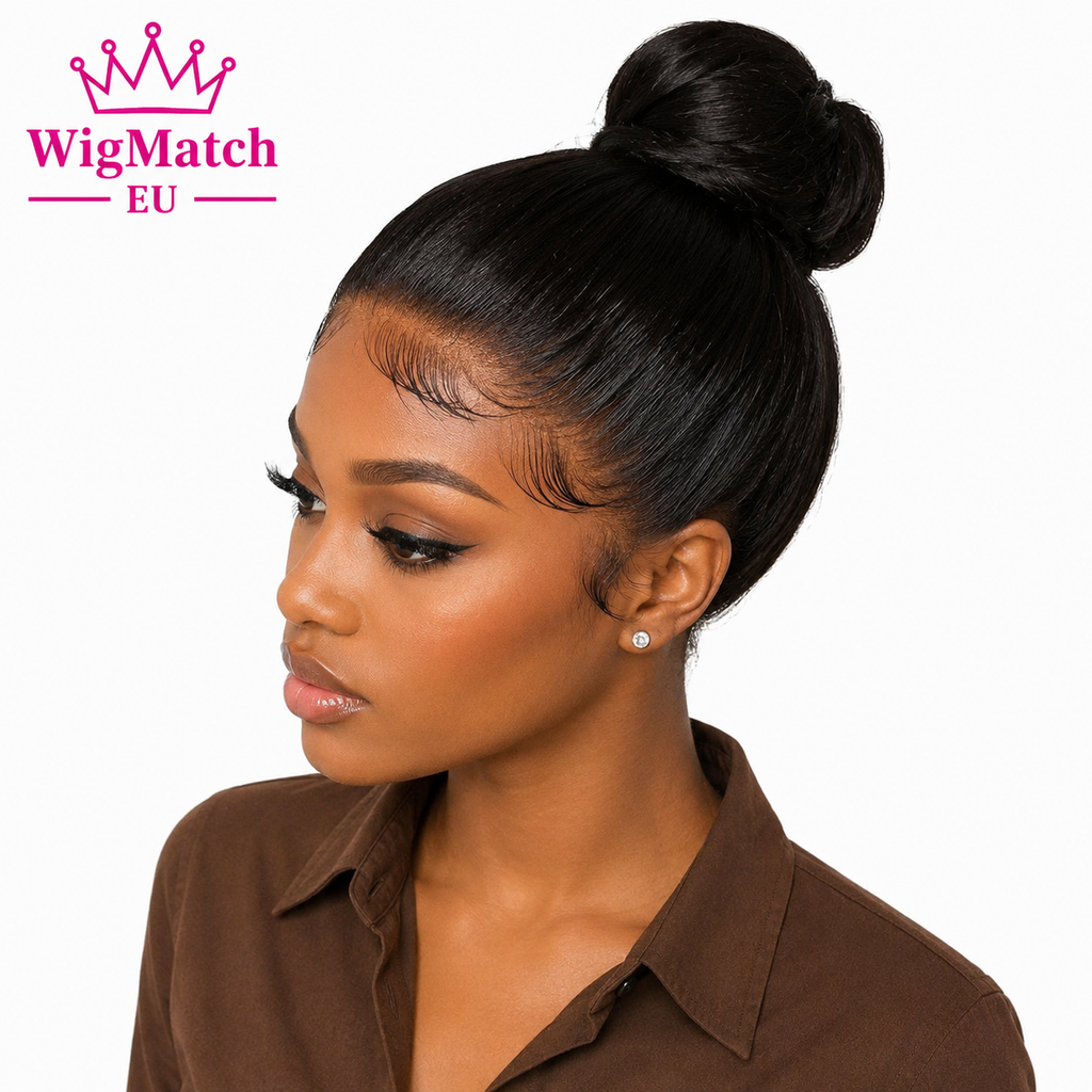 Woman wearing WigMatch EU Natural Black Long Straight Lace Front Human Hair Wig styled in a sleek high bun with laid baby hairs, shown from a side angle against a white background.