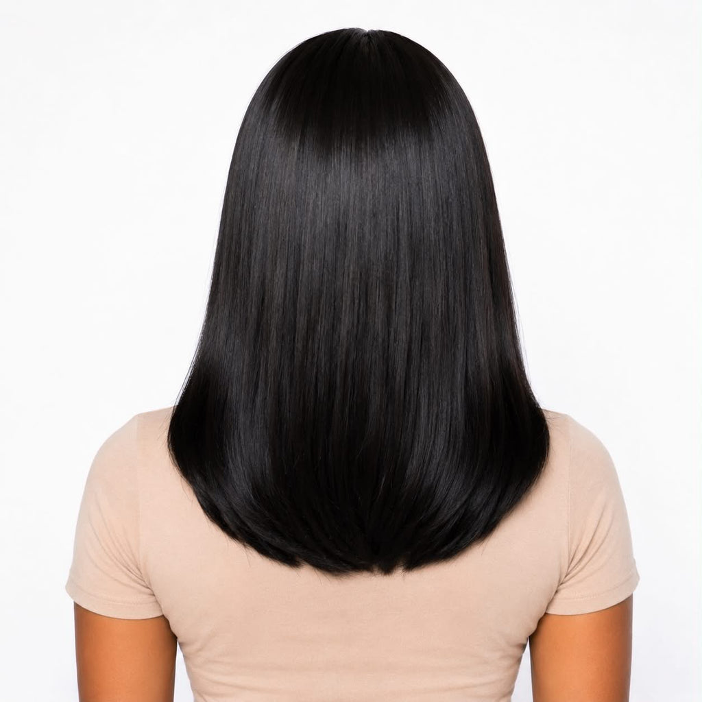 Back view of natural black straight bob human hair wig with silky smooth finish, available from WigMatch online store in the European Union.