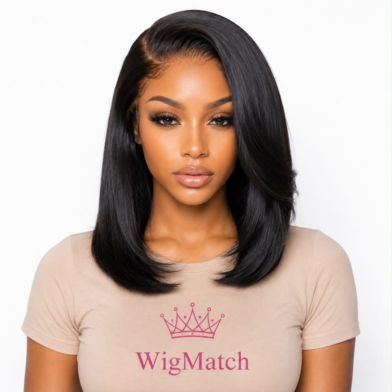 Front view of natural black straight bob lace front human hair wig with pre-plucked hairline and natural finish, free shipping across the European Union.
