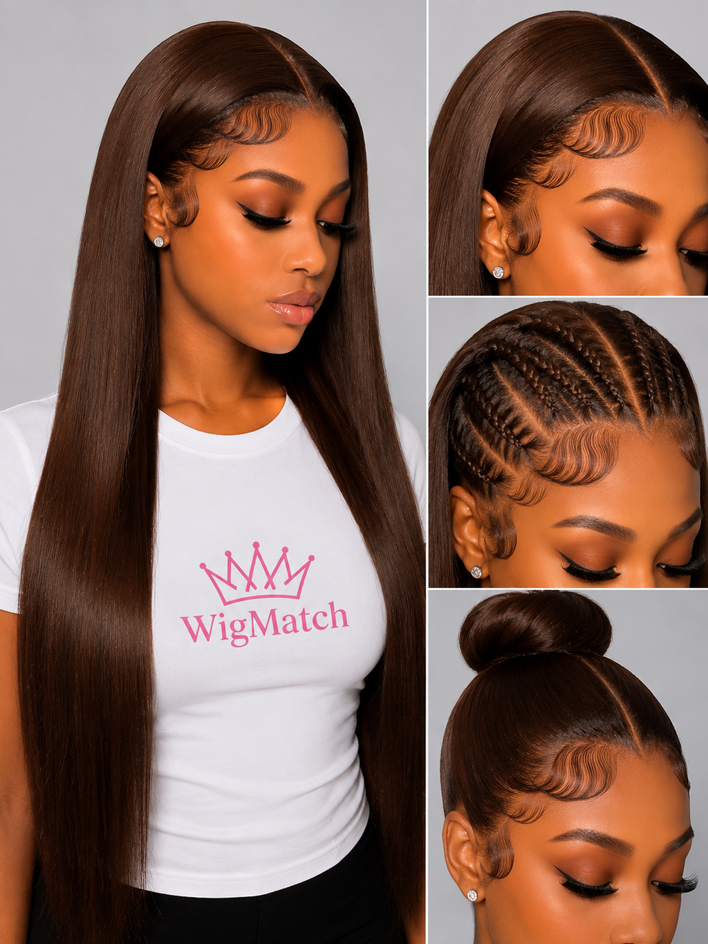 WigMatch Natural Brown Straight Human Hair Wig with 13x4 HD lace front showing sleek straight hair, braided hairstyle and elegant bun styling options. Free shipping across the EU.
