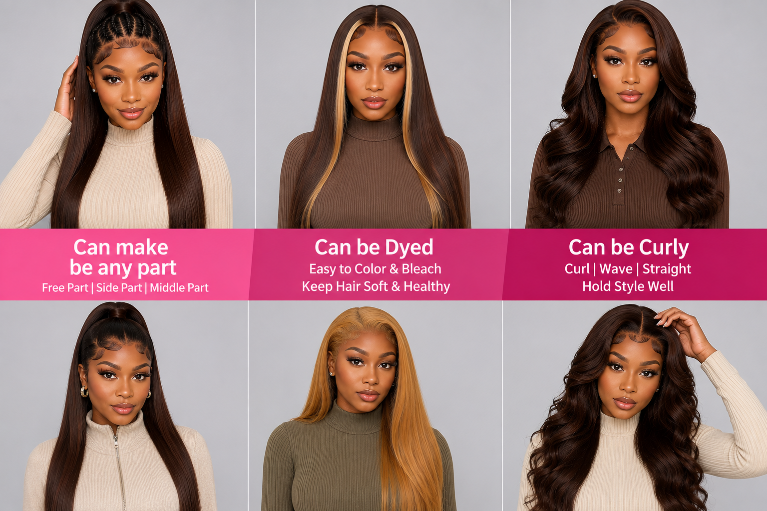 Natural Brown Straight Human Hair Wig by WigMatch featuring free part, dye-friendly color, curly styling options and premium 13x4 HD lace front. Available with free EU shipping.