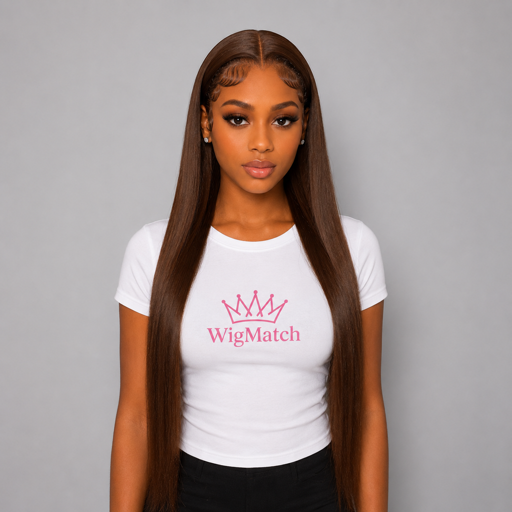 Front view of a WigMatch Natural Brown Straight Human Hair Wig with 13x4 HD lace front, silky straight texture and natural hairline. Premium EU wig store with free shipping.