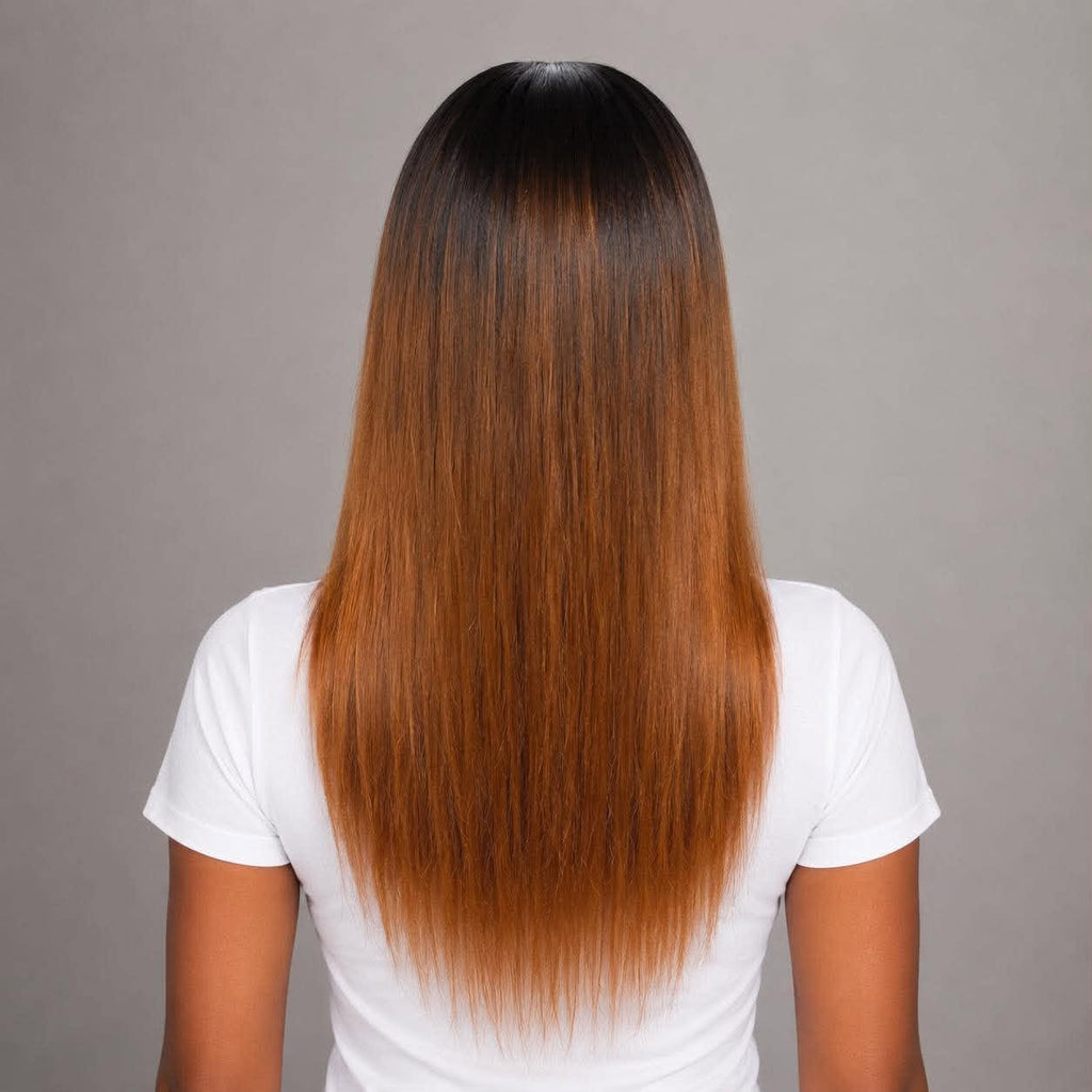 Back view of a WigMatch ombre human hair wig with black roots fading into honey blonde lengths, showcasing smooth straight texture and natural density.