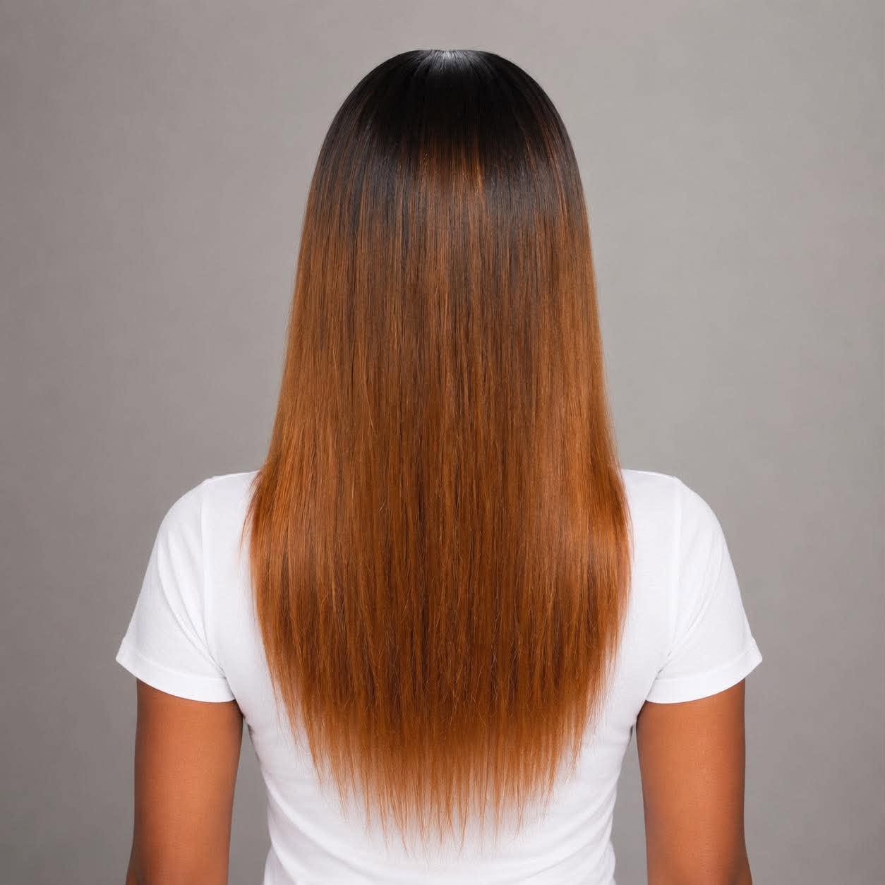 Back view of a WigMatch ombre human hair wig with black roots fading into honey blonde lengths, showcasing smooth straight texture and natural density.
