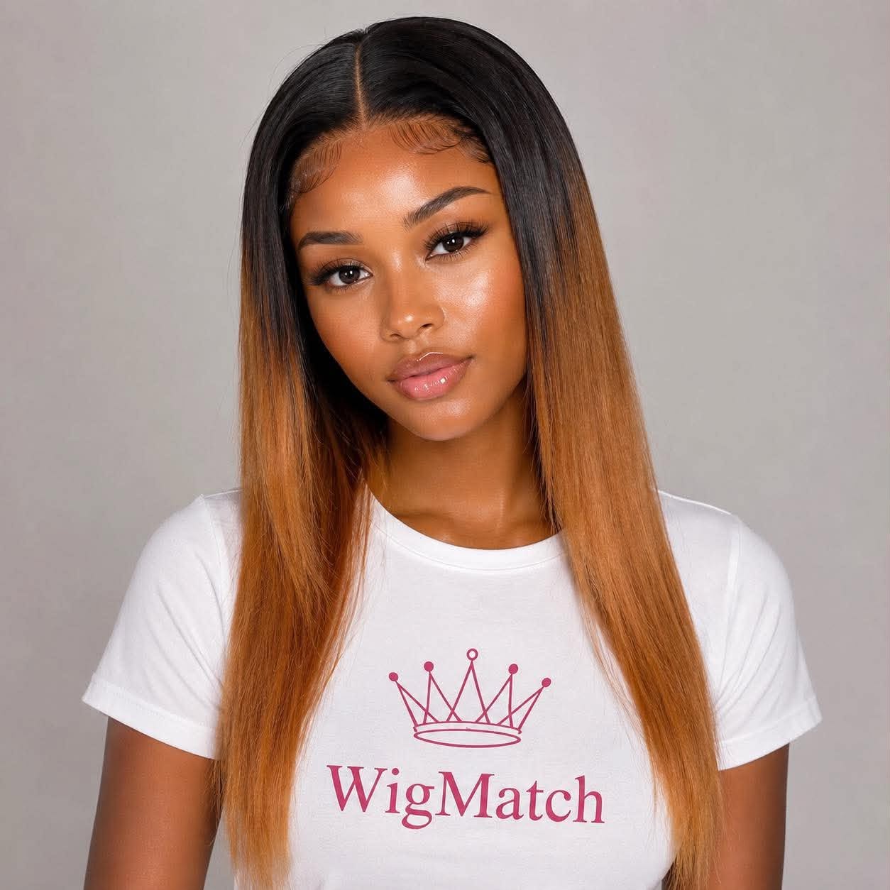 Front view of a WigMatch black to honey blonde ombre human hair wig with natural baby hairs, middle part, and sleek straight finish.