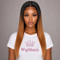 WigMatch ombre human hair wig featuring black roots and honey blonde ends with a natural middle part and baby hair, shown from a front side angle.