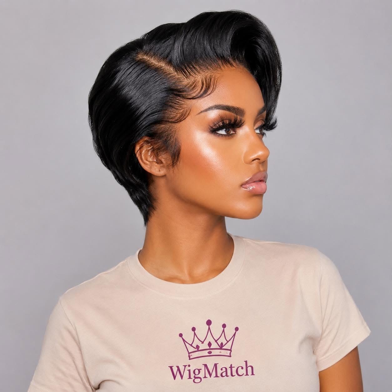 Side profile of a short pixie cut human hair wig with a deep side part, natural baby hair, glueless construction, and lightweight everyday style from WigMatch.
