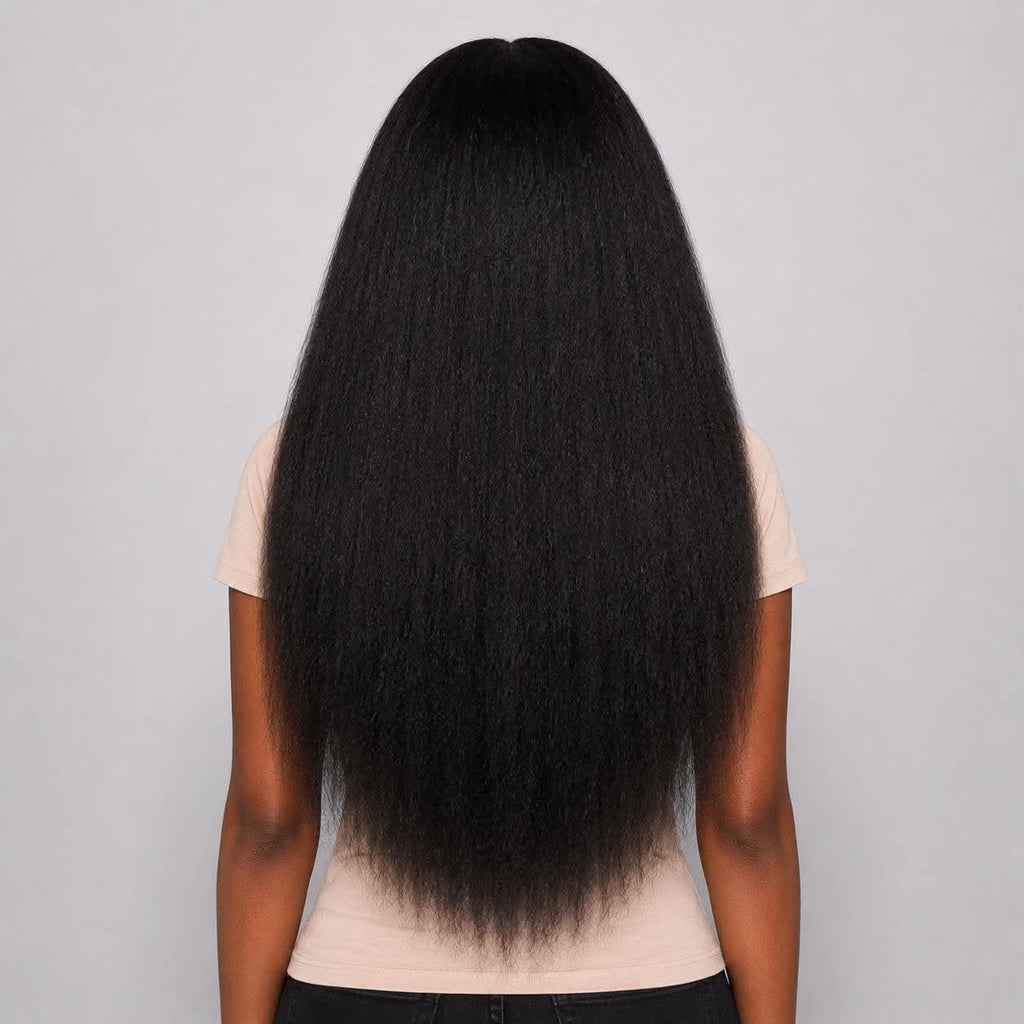 Back view of the WigMatch Premium Lace Front Synthetic Wig in Natural Black showcasing full density, soft synthetic fibers, and natural length with fast free shipping across the European Union.