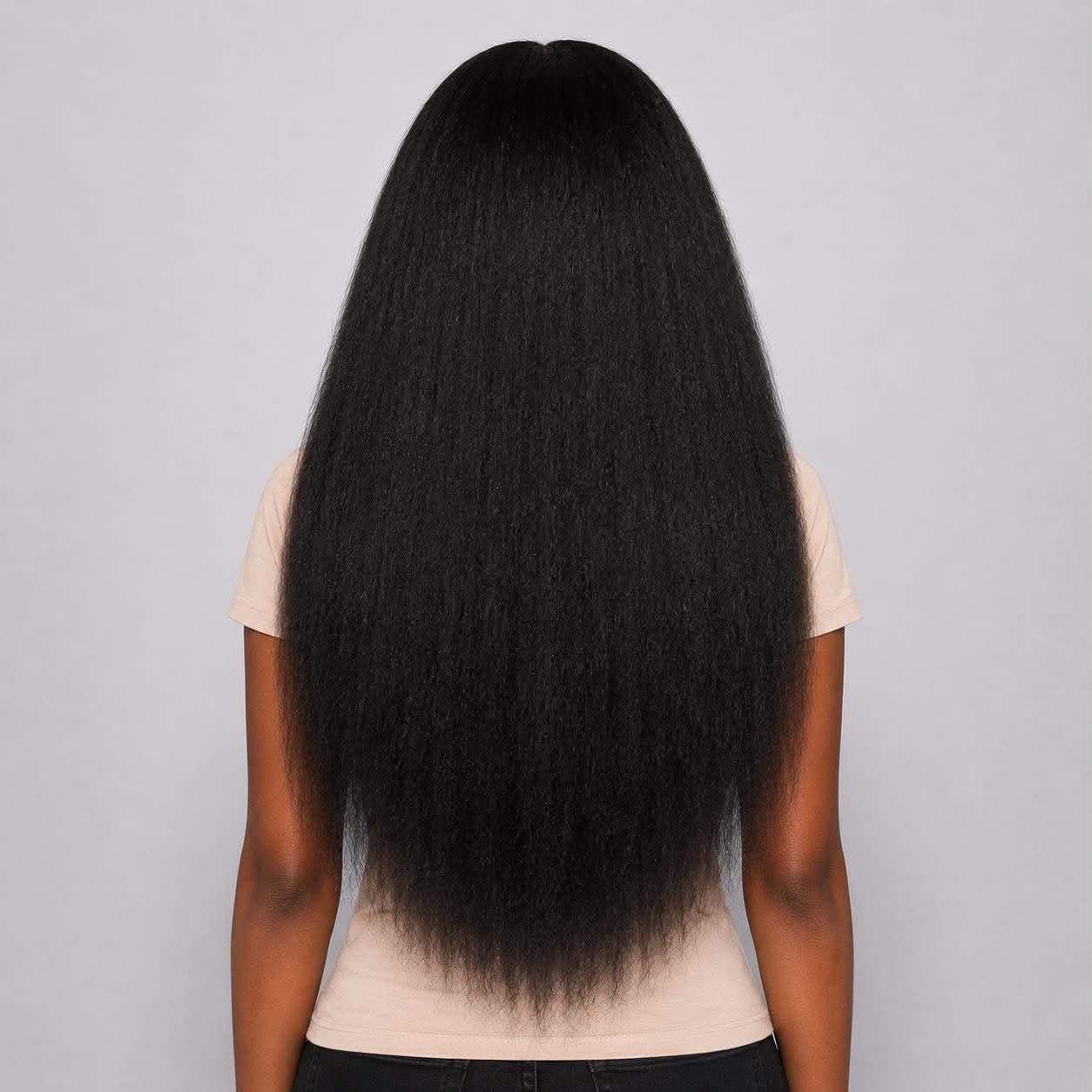 Back view of the WigMatch Premium Lace Front Synthetic Wig in Natural Black showcasing full density, soft synthetic fibers, and natural length with fast free shipping across the European Union.