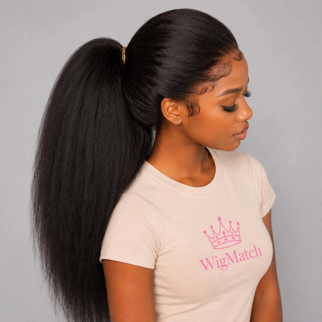 Left side view of the WigMatch Premium Lace Front Synthetic Wig in Natural Black featuring a realistic lace front, soft synthetic texture, and natural volume.
