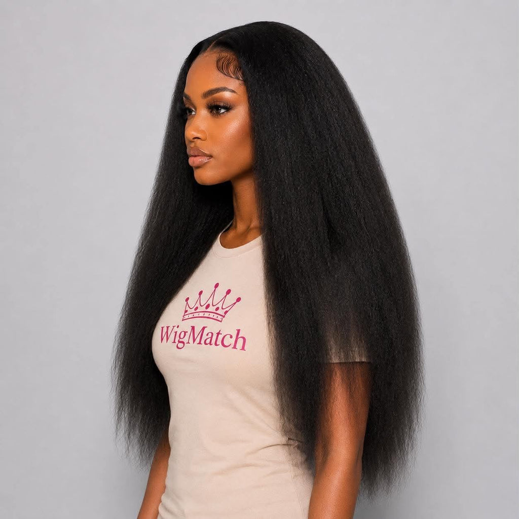 WigMatch Premium Lace Front Synthetic Wig in Natural Black styled in a sleek high ponytail, left side view with natural baby hair, available from our online store in the European Union with fast free shipping.