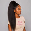 Right side view of the WigMatch Premium Lace Front Synthetic Wig in Natural Black styled in a high ponytail with realistic baby hair and a natural lace hairline, fast free shipping across the European Union.