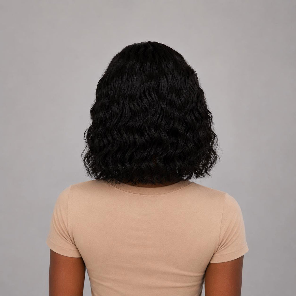 Woman showcasing the back view of the WigMatch Short Curly Human Hair Bob Wig, highlighting soft curls, natural volume, premium human hair, available online across the European Union.