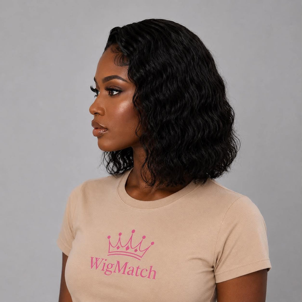 Woman featuring the left side view of the WigMatch Short Curly Human Hair Bob Wig with soft natural curls and realistic movement, available online with EU-wide delivery.