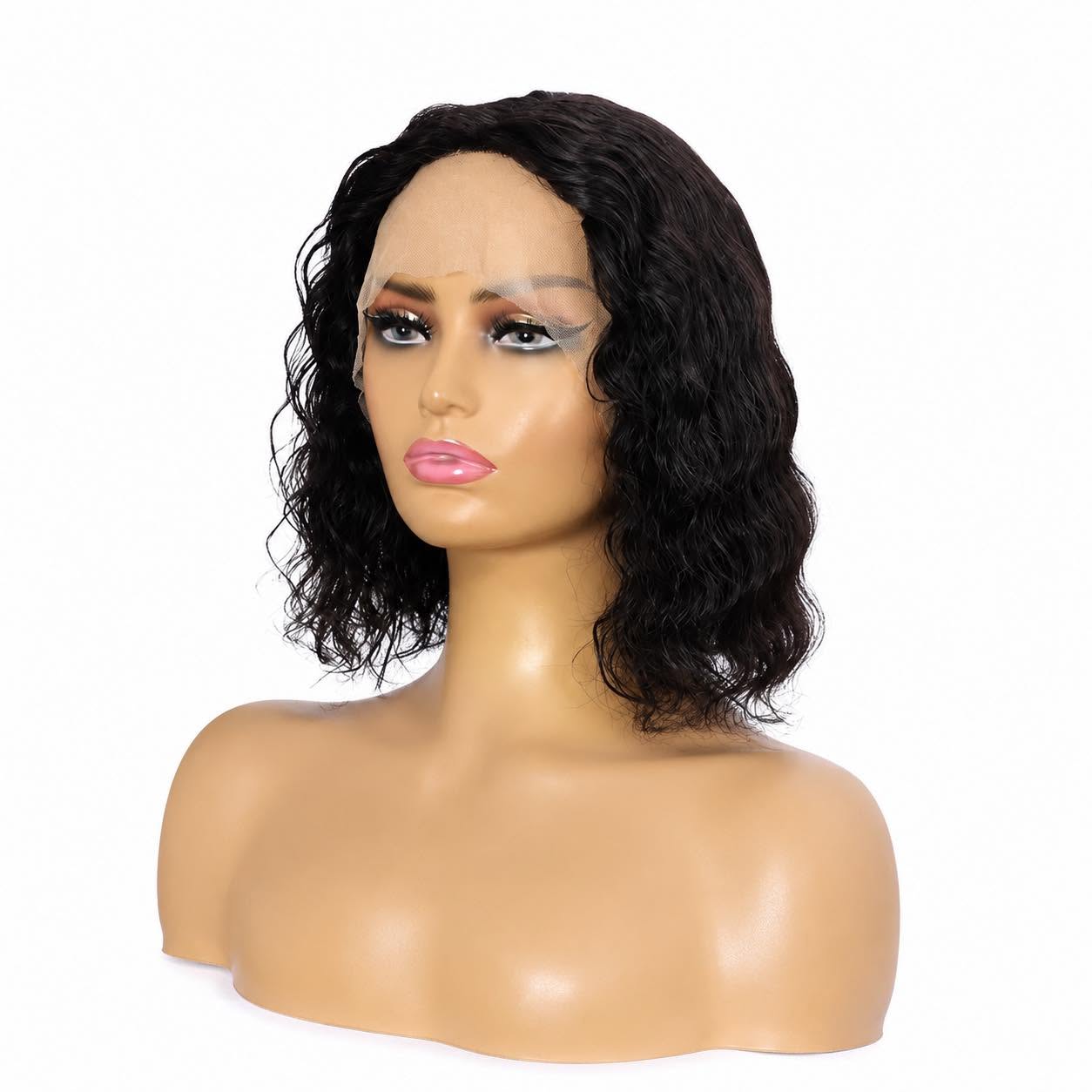 Woman showcasing the WigMatch Short Curly Human Hair Bob Wig with soft natural curls, a realistic hairline, premium human hair, available from the WigMatch online store with fast shipping throughout the European Union.