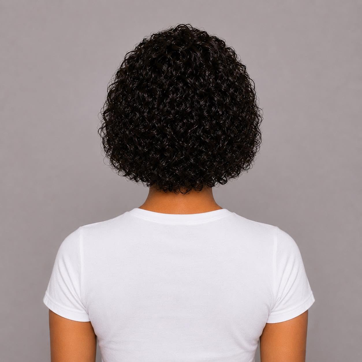 WigMatch short curly human hair wig back view displaying full natural curls and even density. Available online with fast free shipping across the European Union.