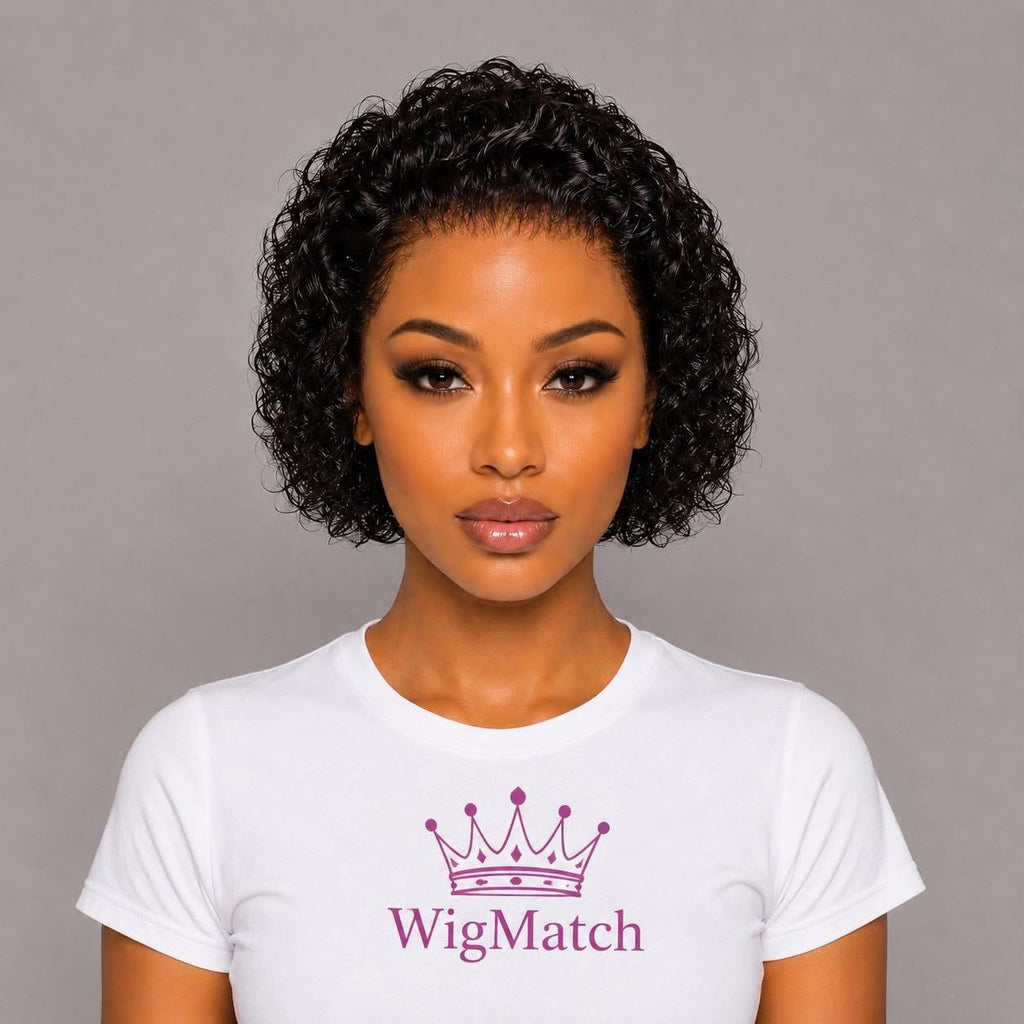 WigMatch short curly human hair wig front view featuring a natural hairline. Available from our EU online store with fast free shipping across the European Union