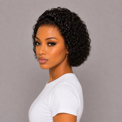 WigMatch short curly human hair wig left side view showing natural curls and realistic density. Shop online with free EU shipping.
