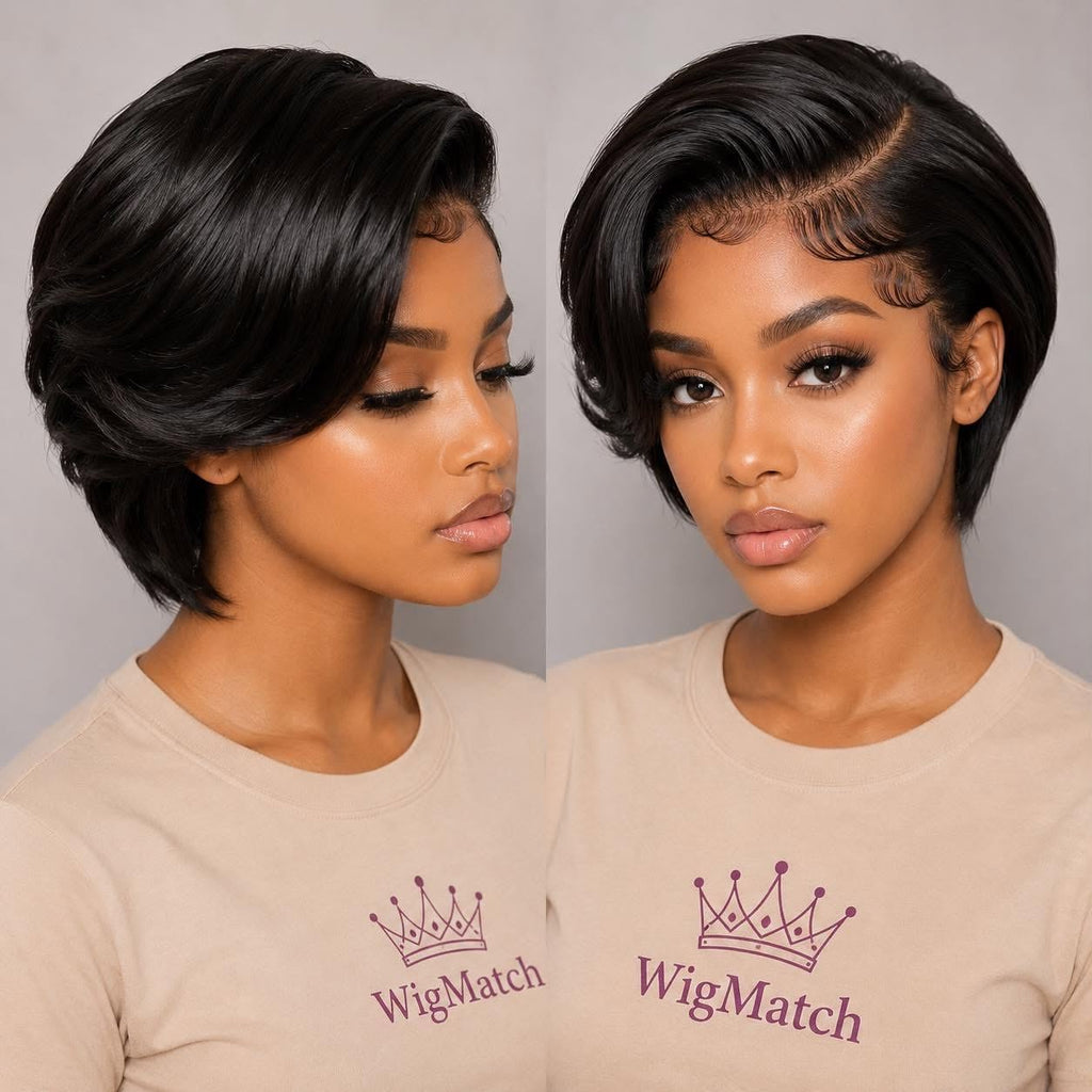 Short pixie cut human hair wig shown in side and front view with natural baby hair, glueless design, ready to wear, available at WigMatch with fast free EU shipping.