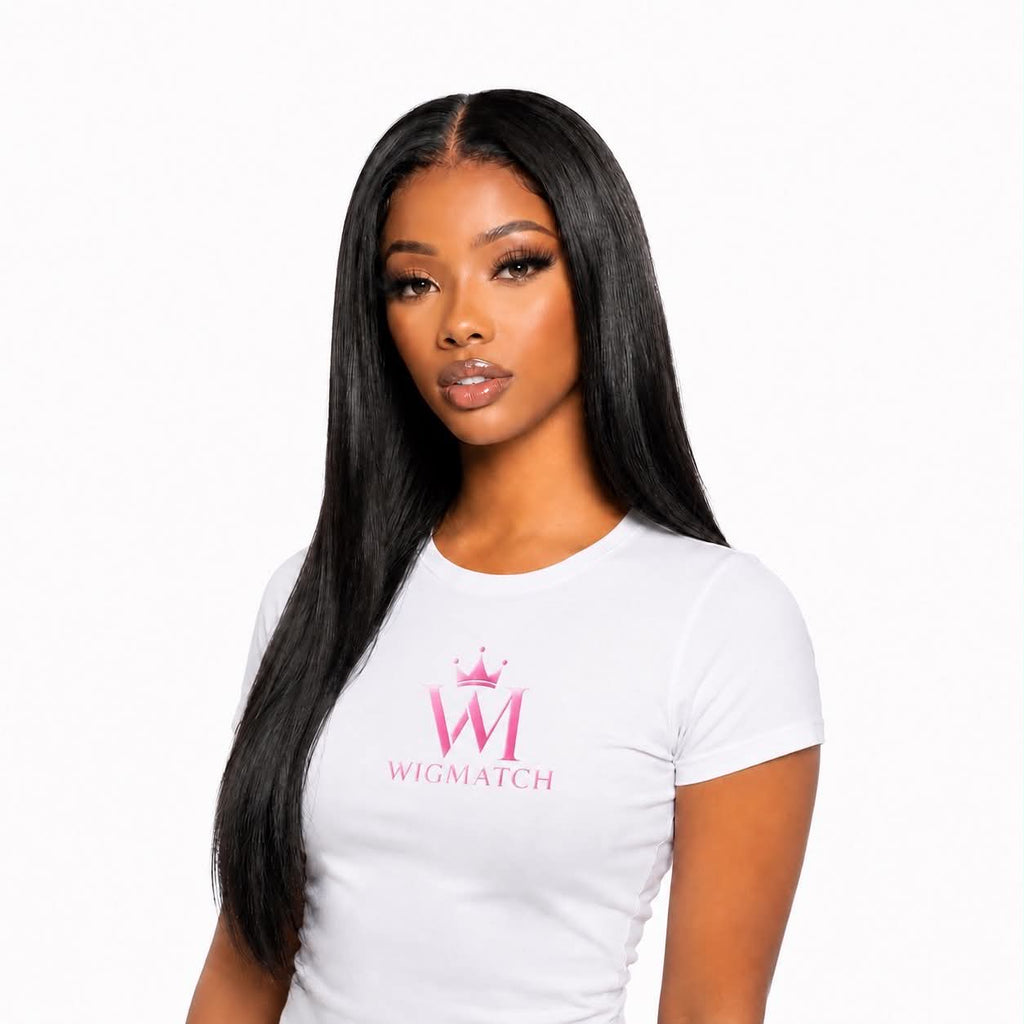 Woman featuring a straight human hair lace front wig showcasing natural hairline and silky texture by WigMatch with free EU shipping