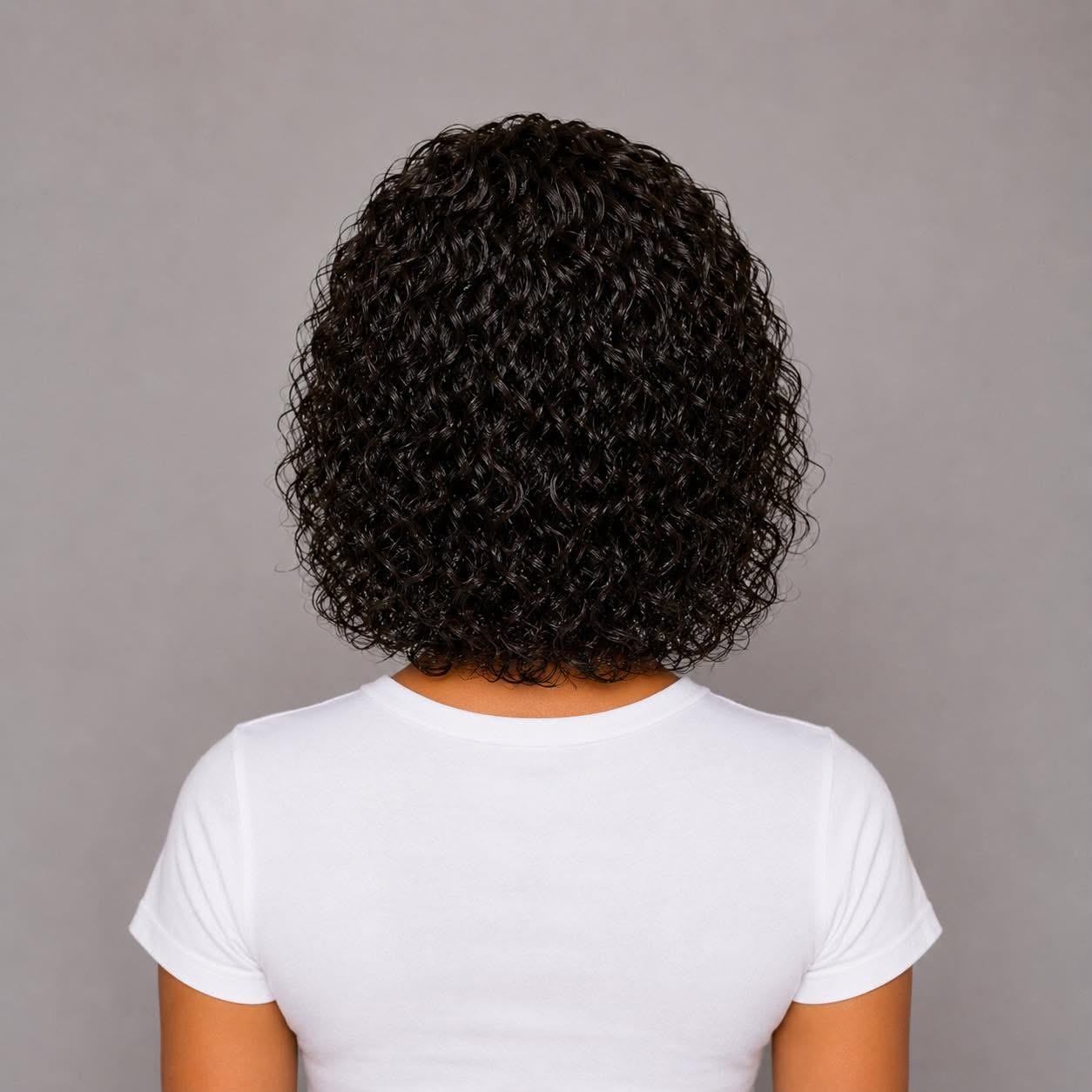 Woman showcasing the WigMatch Water Wave Human Hair Wig With Bangs from the back, available at the WigMatch online store with fast free shipping across the European Union.