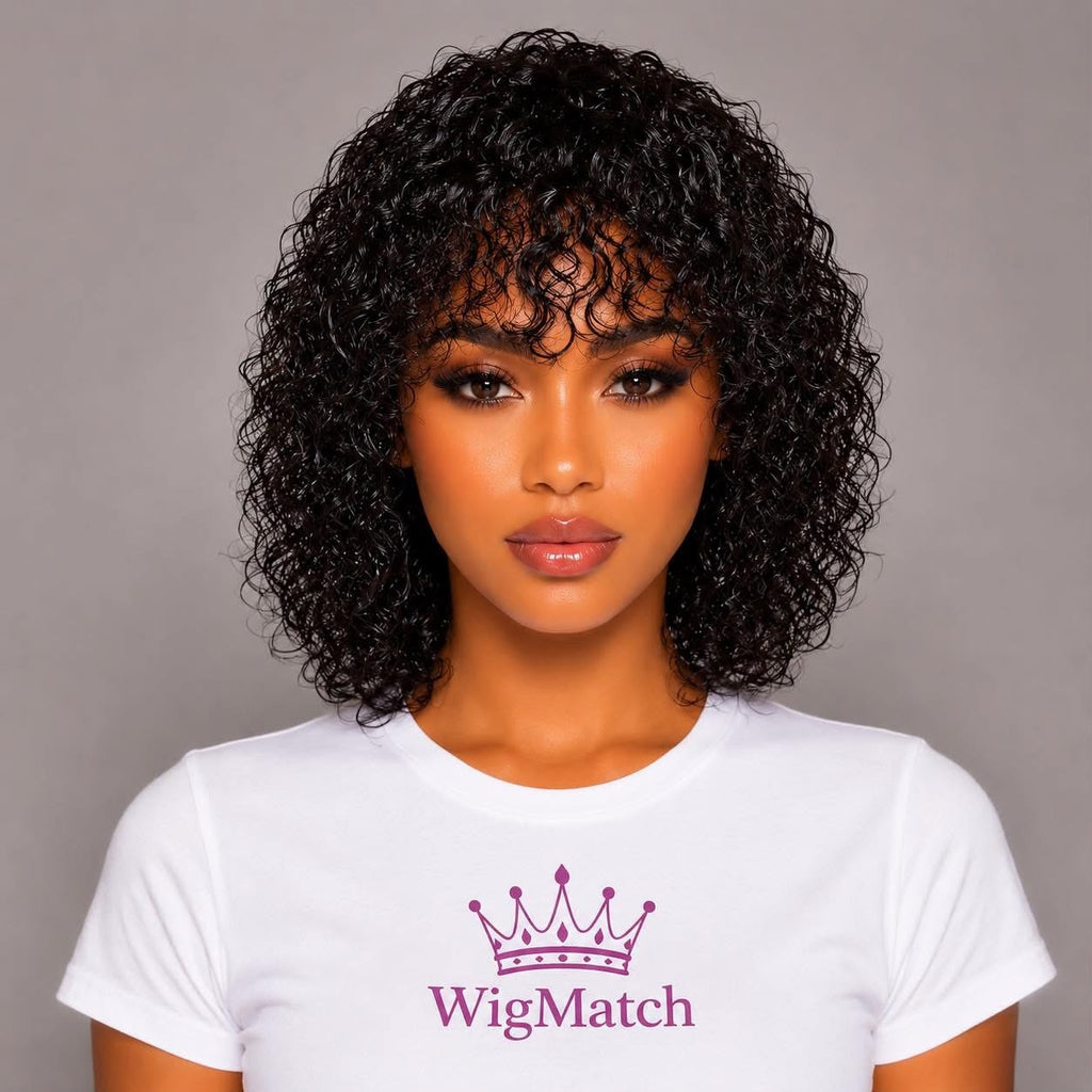 Elegant woman wearing the WigMatch Water Wave Human Hair Wig With Bangs with natural curly texture, available online with fast free shipping across the European Union.