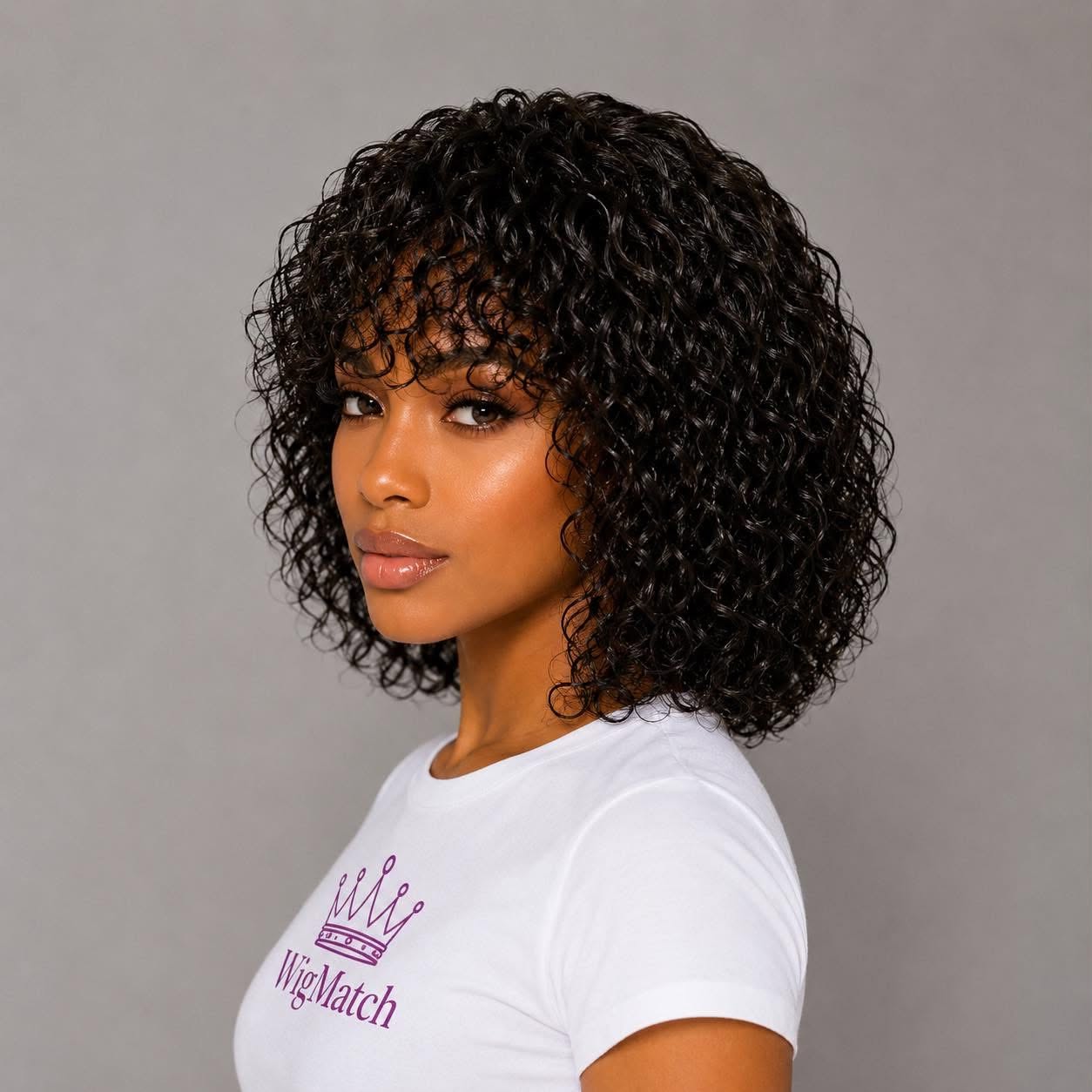 Woman featuring the WigMatch Water Wave Human Hair Wig With Bangs in a side profile, shop online with fast free shipping across the European Union.