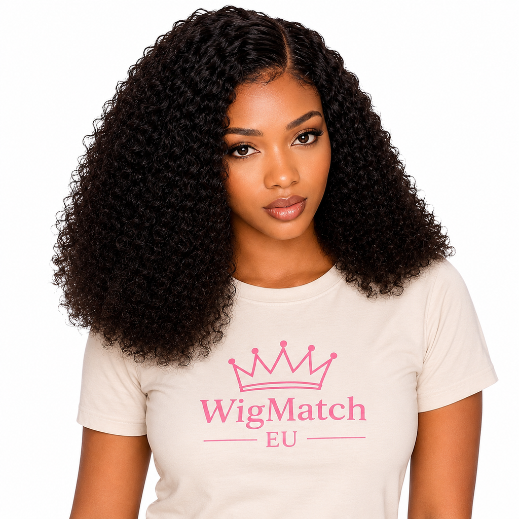 Woman featuring a kinky curly lace front bob human hair wig in a front view, showcasing soft natural curls and a realistic hairline by WigMatch EU.