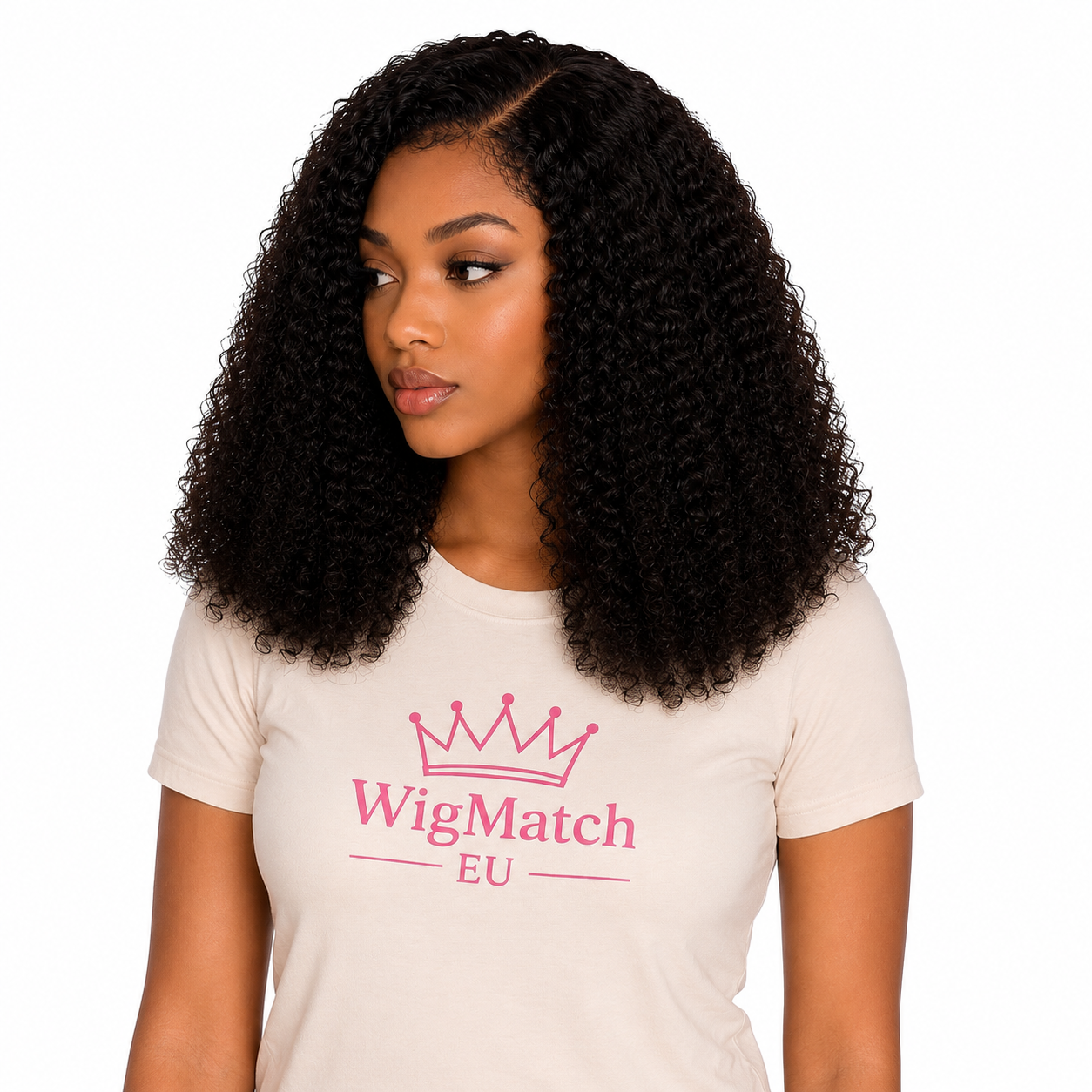 Woman featuring a kinky curly lace front bob human hair wig from the left side, displaying the layered curly texture and natural-looking finish by WigMatch EU.