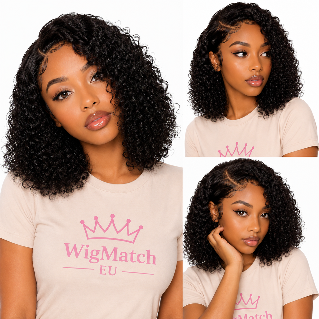 Woman featuring a kinky curly lace front bob human hair wig in multiple views, showcasing the front view, left angled view, and side profile with defined curls, natural baby hair, and a realistic lace hairline by WigMatch EU.