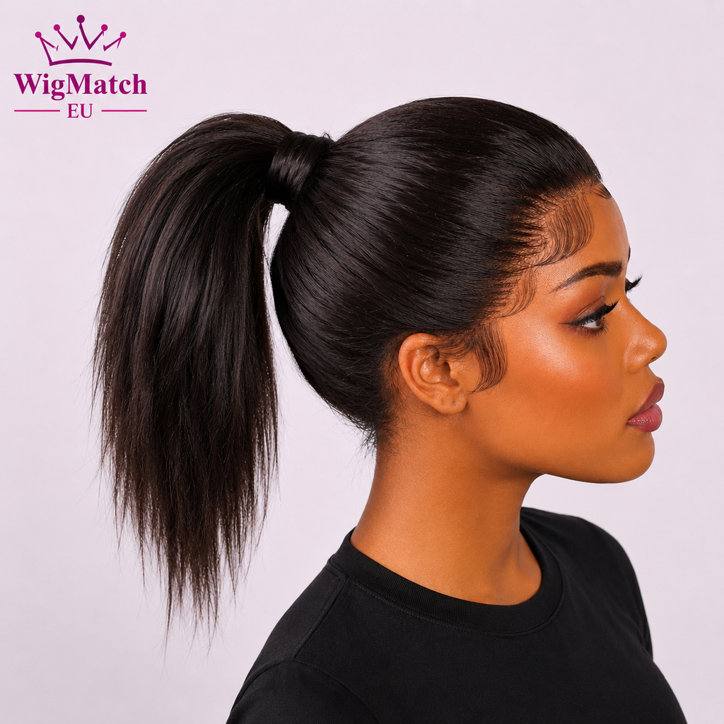 Woman wearing a Natural Black 360 Lace Front Body Wave Human Hair Wig styled in a high ponytail, side profile view. WigMatch EU online store with fast shipping across the European Union.