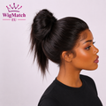Woman wearing a Natural Black 360 Lace Front Body Wave Human Hair Wig, side profile view. WigMatch EU online store with fast shipping across the European Union.