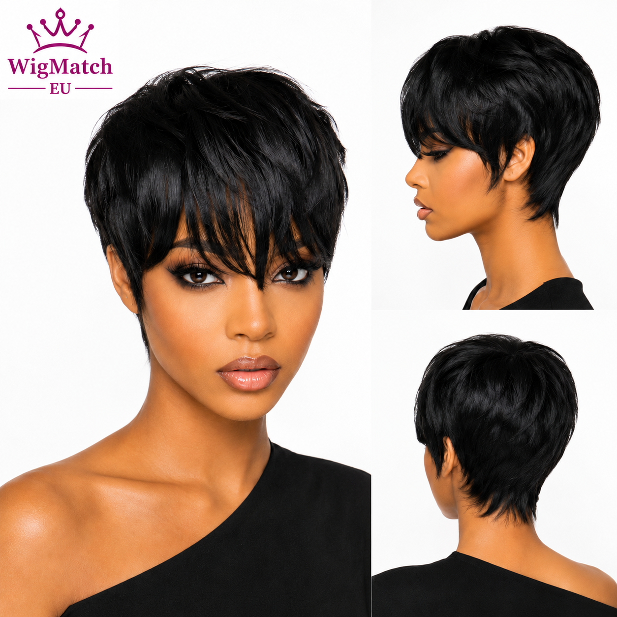 Collage of a woman wearing an Elegant Short Straight Human Hair Wig in black, showing front, side, and back views. Short straight human hair wig by WigMatch EU online store with fast shipping across the European Union.