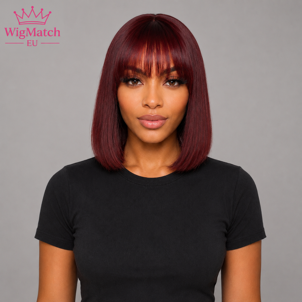 Model wearing the Short Burgundy Red Straight Human Hair Bob Wig with Full Bangs, showcasing a sleek straight bob cut, rich burgundy red color, full bangs, natural shine, and a realistic hairline in a front view.