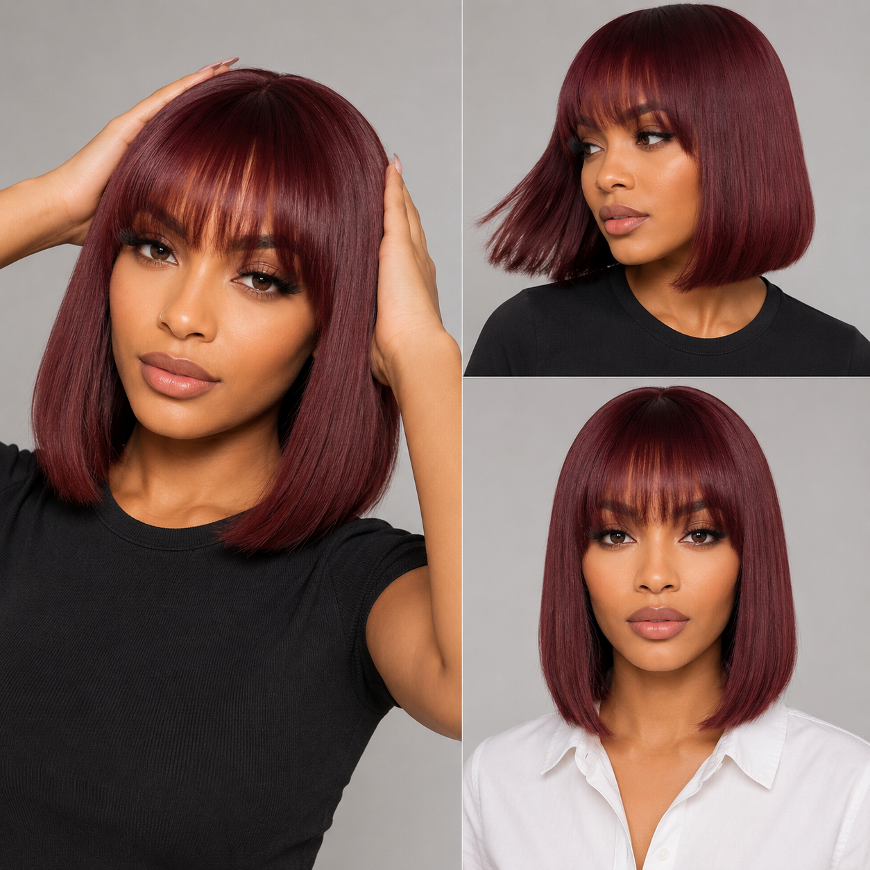 Woman wearing the Short Burgundy Red Straight Human Hair Bob Wig with Full Bangs, showcasing front view, side view, and angled view in a three-image collage with sleek straight texture, rich burgundy red color, full bangs, and natural shine.