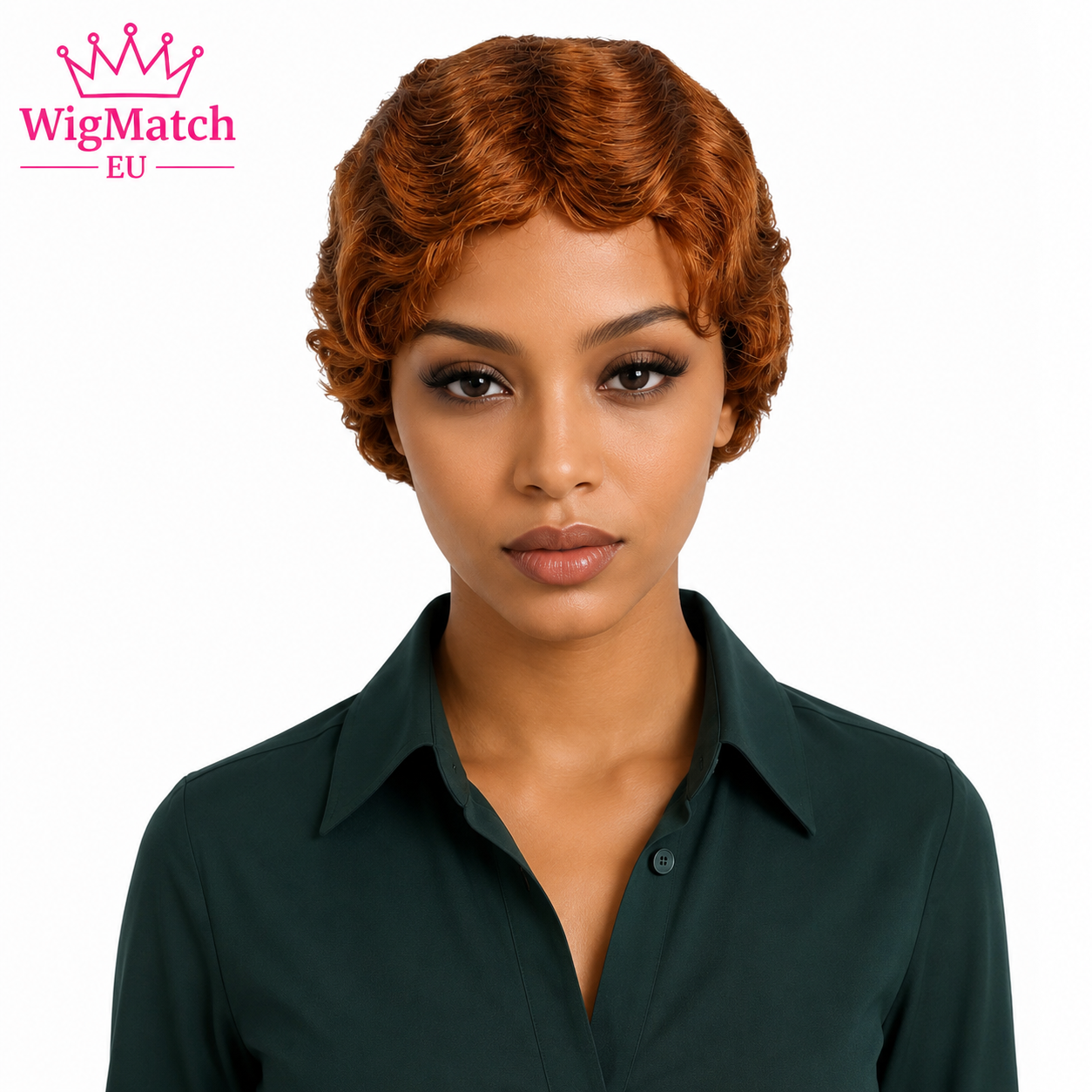 Woman wearing the WigMatch EU Short Copper Brown Finger Wave Human Hair Pixie Bob Wig in a front view, showcasing vintage finger wave styling, natural hairline, soft copper brown color, and a classic short human hair finish.