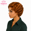Woman wearing the WigMatch EU Short Copper Brown Finger Wave Human Hair Pixie Bob Wig in a side profile, showcasing sculpted finger waves, smooth contour, realistic human hair texture, and a timeless vintage-inspired style.