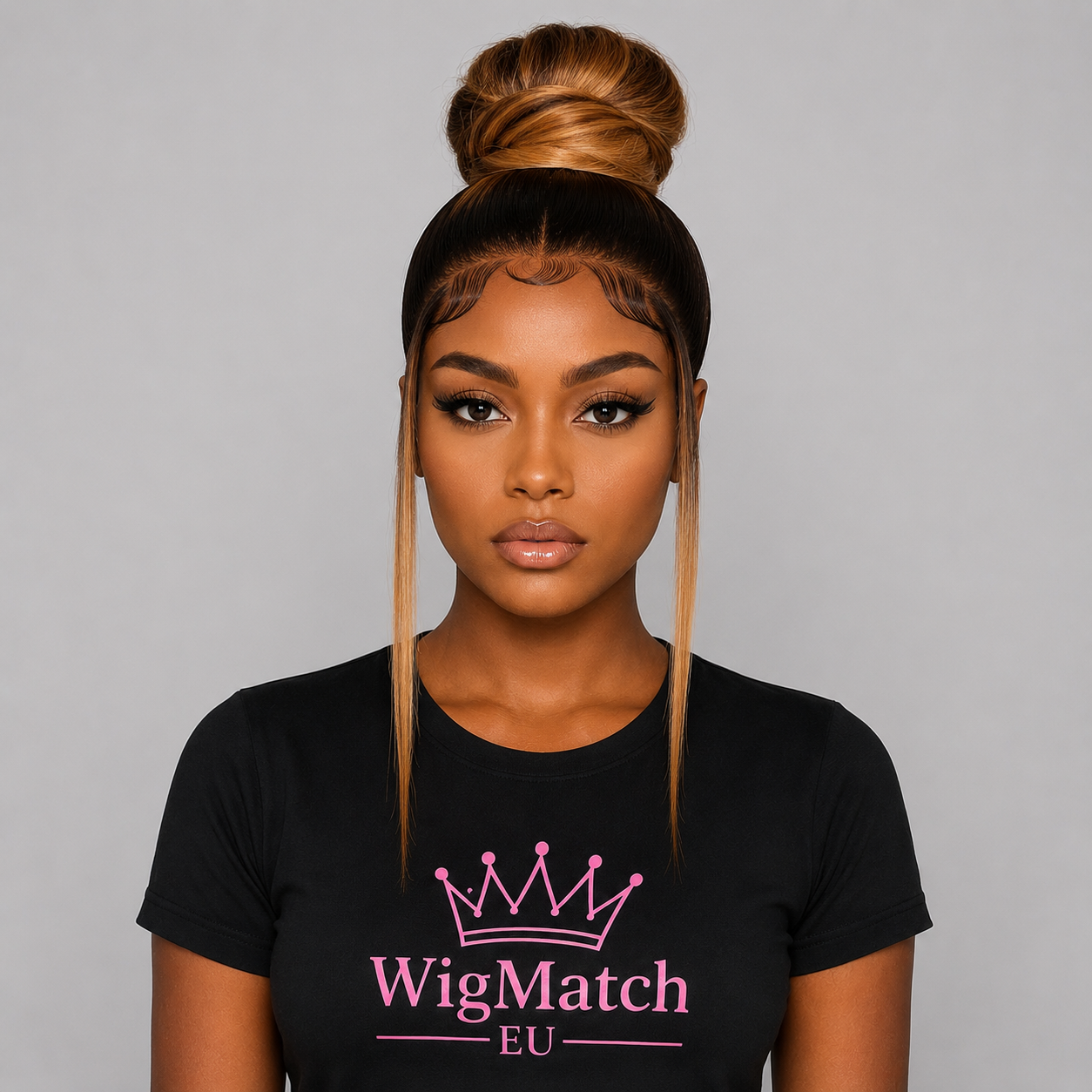 Women wearing a 13x4 lace front straight ombre human hair wig with dark brown roots and honey blonde lengths, showcasing the front view for WigMatch EU.