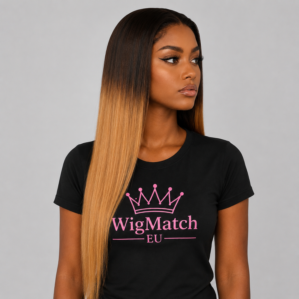 Women wearing a 13x4 lace front straight ombre human hair wig with dark brown roots and honey blonde lengths, showcasing the right side view for WigMatch EU.