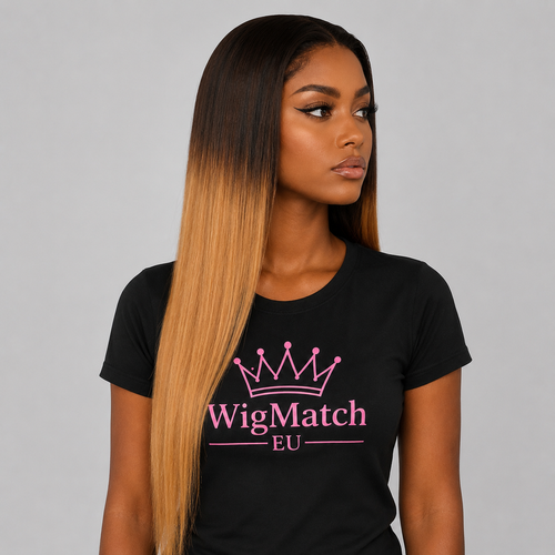 Women wearing a 13x4 lace front straight ombre human hair wig with dark brown roots and honey blonde lengths, showcasing the right side view for WigMatch EU.