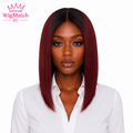 Women wearing a Burgundy Red Straight Human Hair Lace Front Bob Wig in 16 inch, featuring a silky straight texture, natural lace front, middle part, and showcasing the front view for a realistic everyday hairstyle.