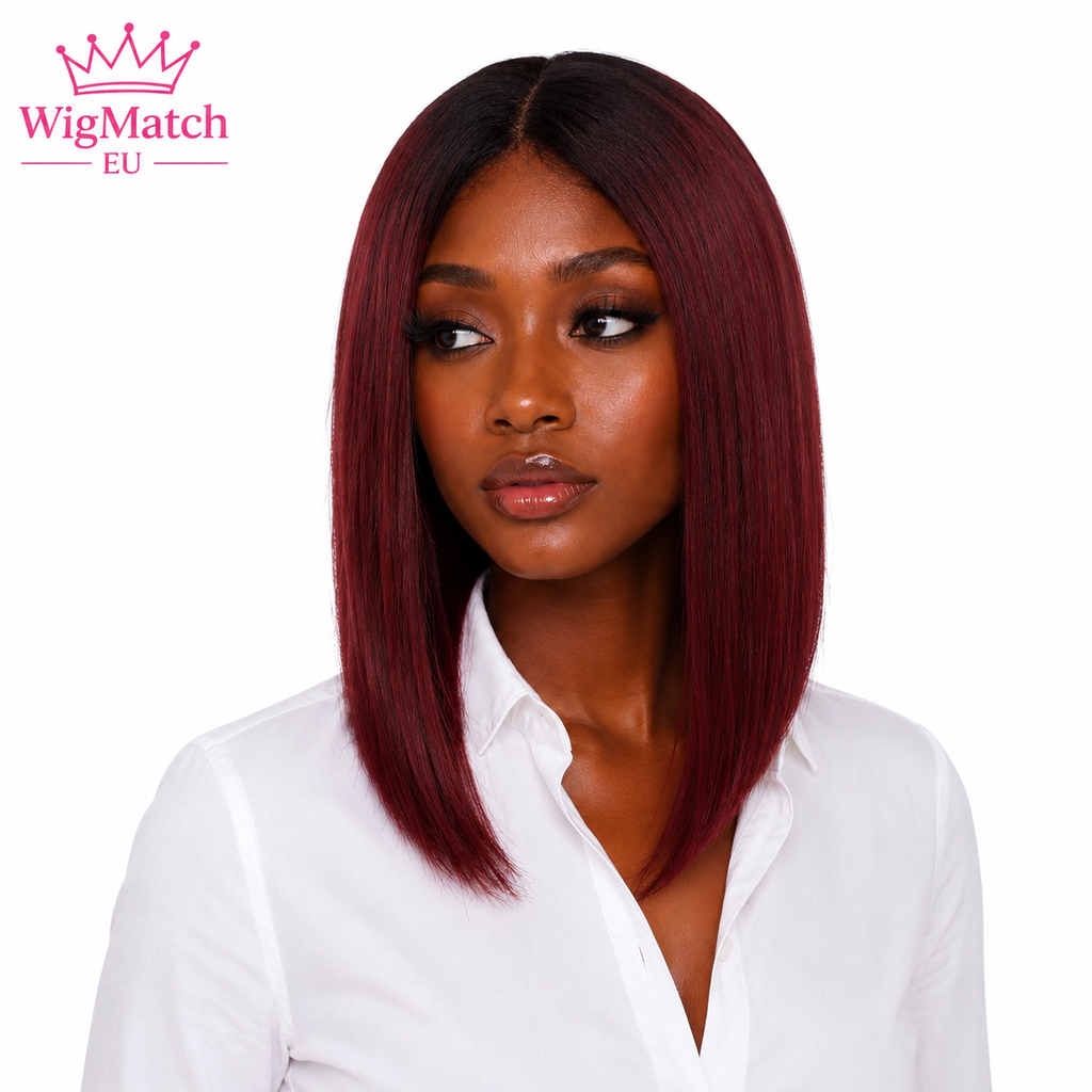 Women wearing a Burgundy Red Straight Human Hair Lace Front Bob Wig in 16 inch, featuring a smooth straight texture, natural middle part, and showcasing the left angled view for an elegant everyday look.